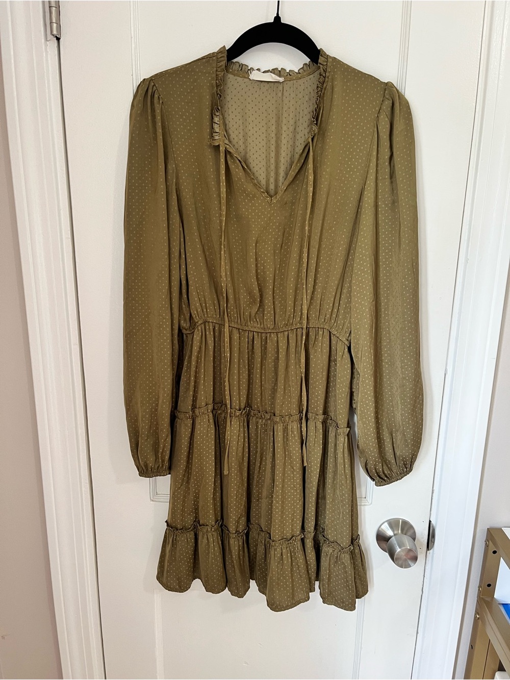 Altar'd State Olive Dot Long Sleeve Tiered V-Neck Dress
